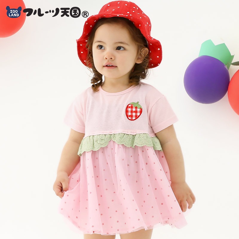 ガールズ ワンピース 半袖 いちご イチゴ 苺 くだもの 女の子【フルーツ天国】 ベビー トップス カットソー 切替 配色 デザイン チュール 天竺 食べ物 フルーツ 果物 水玉 ドット レッド ピンク プリント 子ども 80 90 95 100 110 120 130