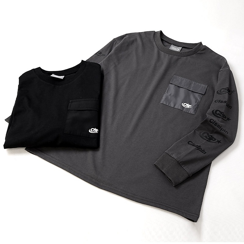 ロングTシャツ ロンT 袖プリント 胸ポケット付き 子供服 男の子 小学生 中学生 ファッション キッズ ジュニア トップス 長袖 プリントTシャツ 女の子 カットソー 天竺 ストリート スケート 大人っぽい ダンス スポーツ チャコール グレー ブラック 130 140 150 160 秋服