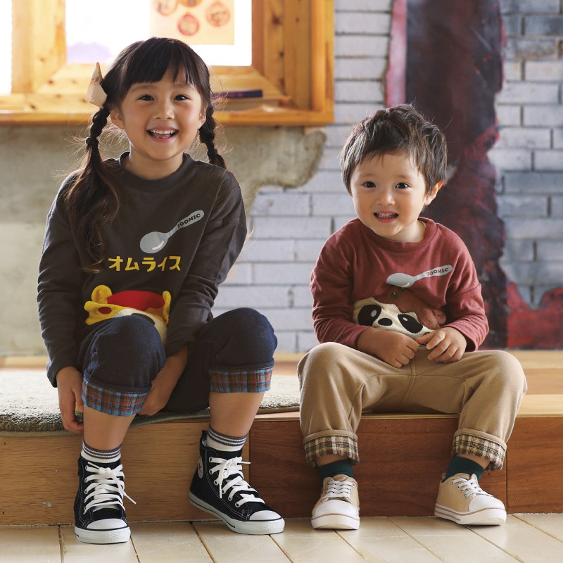 キッズ ロンT 長袖 Tシャツ カンガルーポケット 重ね着風 チェック レイヤード 動物 アニマル くま パンダ 男の子 女の子 (80-130cm)【 ZOOMIC ズーミック 】 ベビー カットソー 天竺 肩ボタン オムライス カレーライス 食べ物 洋食 80cm 90cm 95cm 100cm 110cm 120cm 130cm