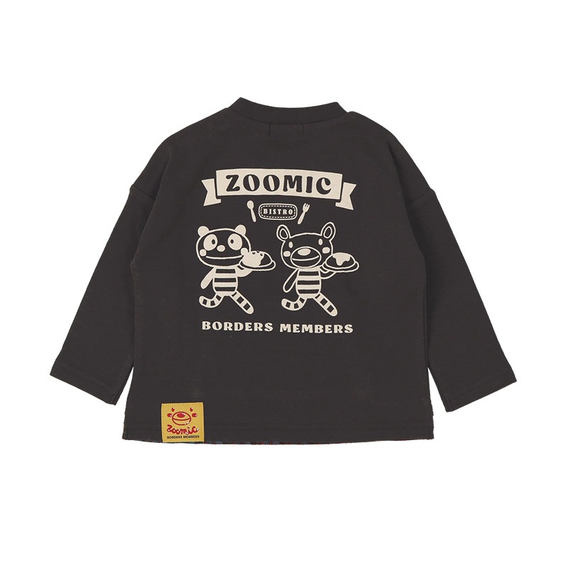 キッズ ロンT 長袖 Tシャツ カンガルーポケット 重ね着風 チェック レイヤード 動物 アニマル くま パンダ 男の子 女の子 (80-130cm)【 ZOOMIC ズーミック 】 ベビー カットソー 天竺 肩ボタン オムライス カレーライス 食べ物 洋食 80cm 90cm 95cm 100cm 110cm 120cm 130cm