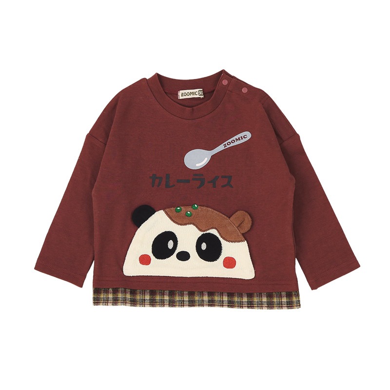 キッズ ロンT 長袖 Tシャツ カンガルーポケット 重ね着風 チェック レイヤード 動物 アニマル くま パンダ 男の子 女の子 (80-130cm)【 ZOOMIC ズーミック 】 ベビー カットソー 天竺 肩ボタン オムライス カレーライス 食べ物 洋食 80cm 90cm 95cm 100cm 110cm 120cm 130cm