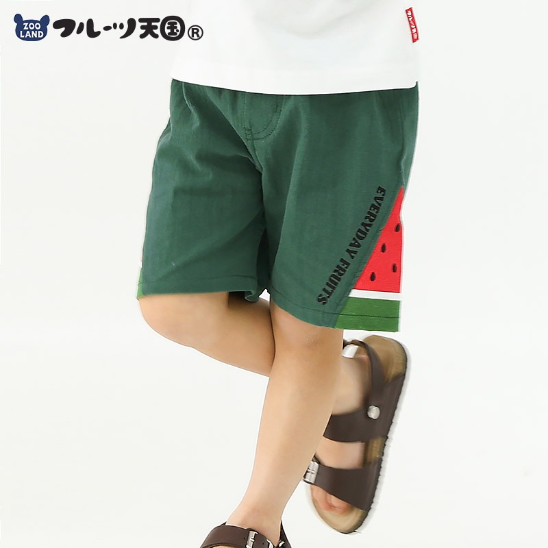 キッズ 5分丈パンツ ハーフパンツ 男の子 女の子 くだもの スイカ キウイ 【フルーツ天国】 ベビー ズボン ボトムス ショートパンツ ウエストゴム バックポケット 果物 すいか 西瓜 グリーン モカ 男児 女児 80 90 95 100 110 120 130