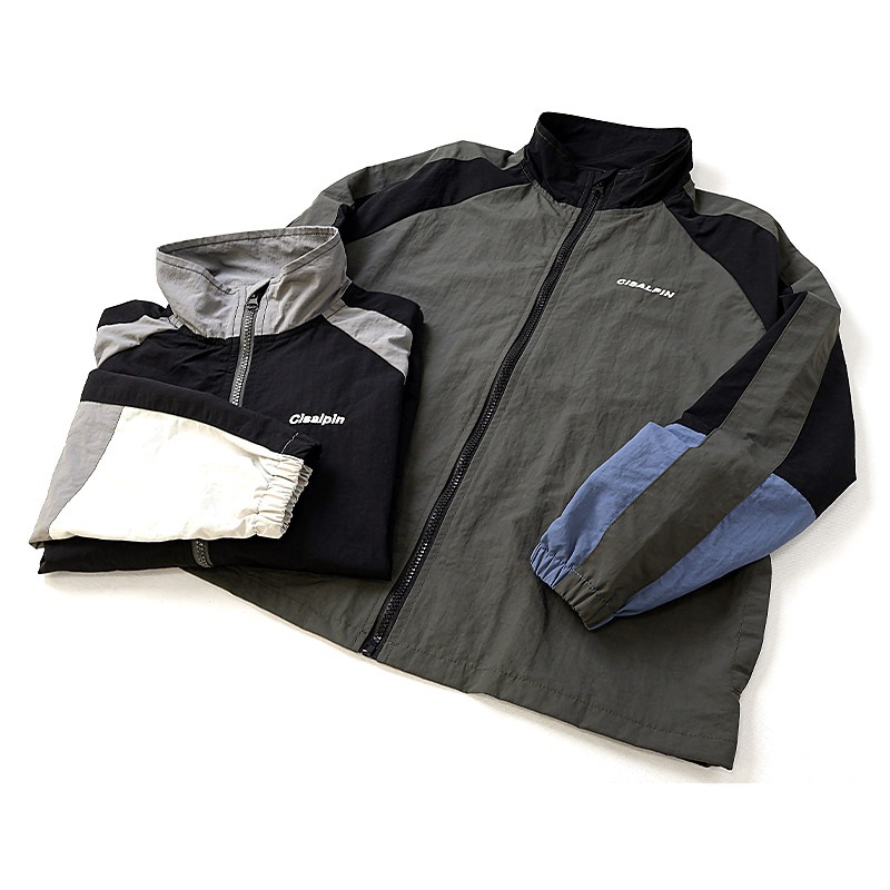 ナイロンジャケット 一重仕立て 子供服 男の子 小学生 中学生 ファッション キッズ ジュニア 長袖 ブルゾン フルジップ アウター ウインドブレーカー 女の子 プリント 切替 ストリート スケート 大人っぽい ダンス 裏地なし カーキグレー ブラック 130 140 150 160 秋服