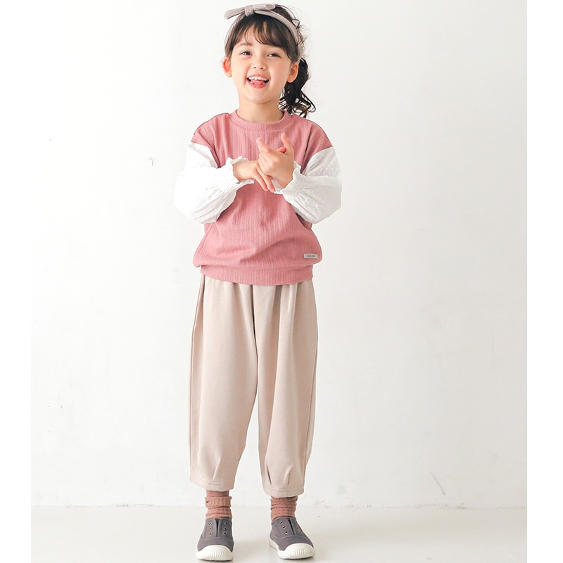 子供服 パンツ ナチュラル リボン ワイド バルーン 10分丈 ( 80-130cm)【Uzuland】 ウズランド キッズ ベビー ボトムス ポケット ベージュ ガーリー かわいい おしゃれ 秋物 80cm 90cm 95cm 100cm 110cm 120cm 130cm
