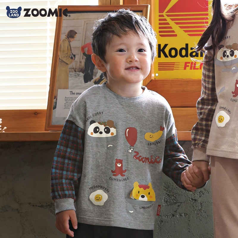 キッズ ロンT 長袖 Tシャツ 袖切替 チェック 袖リブ 動物 アニマル くま パンダ 男の子 女の子 (80-130cm)【 ZOOMIC ズーミック 】 ベビー カットソー 天竺 肩ボタン オムライス カレーライス エビフライ たまご ウインナー 食べ物 80cm 90cm 95cm 100cm 110cm 120cm 130cm