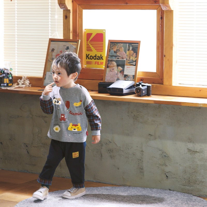 キッズ ロンT 長袖 Tシャツ 袖切替 チェック 袖リブ 動物 アニマル くま パンダ 男の子 女の子 (80-130cm)【 ZOOMIC ズーミック 】 ベビー カットソー 天竺 肩ボタン オムライス カレーライス エビフライ たまご ウインナー 食べ物 80cm 90cm 95cm 100cm 110cm 120cm 130cm