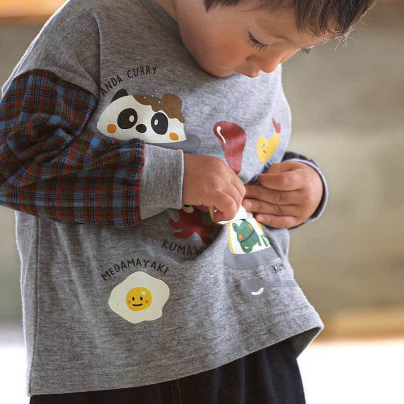 キッズ ロンT 長袖 Tシャツ 袖切替 チェック 袖リブ 動物 アニマル くま パンダ 男の子 女の子 (80-130cm)【 ZOOMIC ズーミック 】 ベビー カットソー 天竺 肩ボタン オムライス カレーライス エビフライ たまご ウインナー 食べ物 80cm 90cm 95cm 100cm 110cm 120cm 130cm