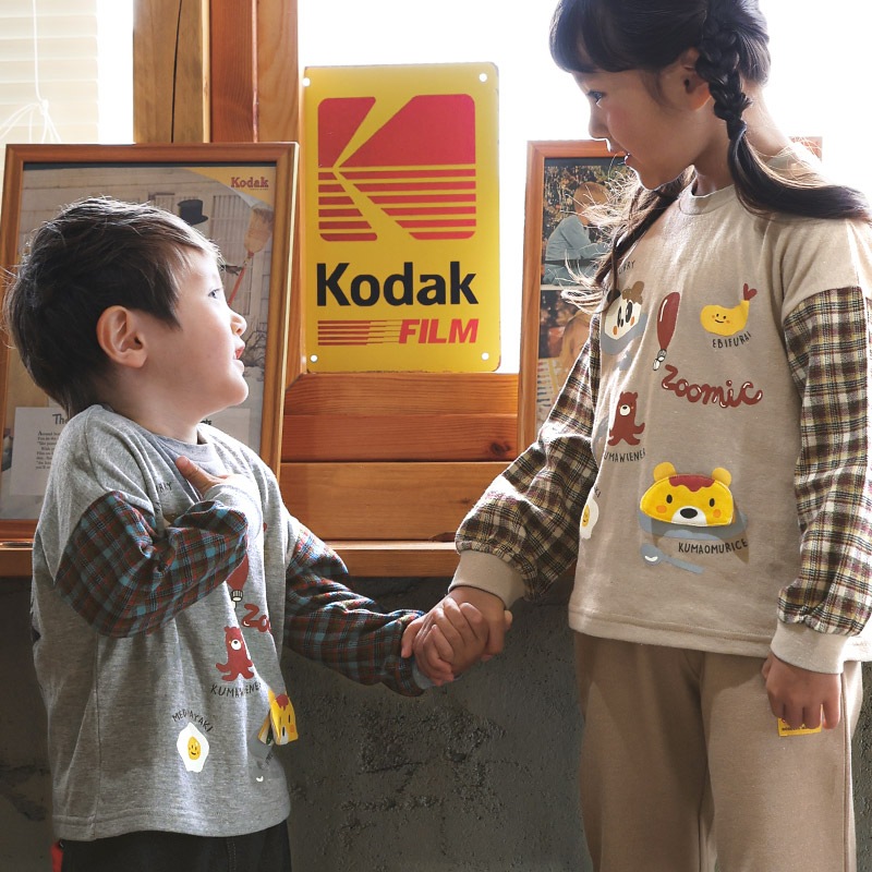 キッズ ロンT 長袖 Tシャツ 袖切替 チェック 袖リブ 動物 アニマル くま パンダ 男の子 女の子 (80-130cm)【 ZOOMIC ズーミック 】 ベビー カットソー 天竺 肩ボタン オムライス カレーライス エビフライ たまご ウインナー 食べ物 80cm 90cm 95cm 100cm 110cm 120cm 130cm