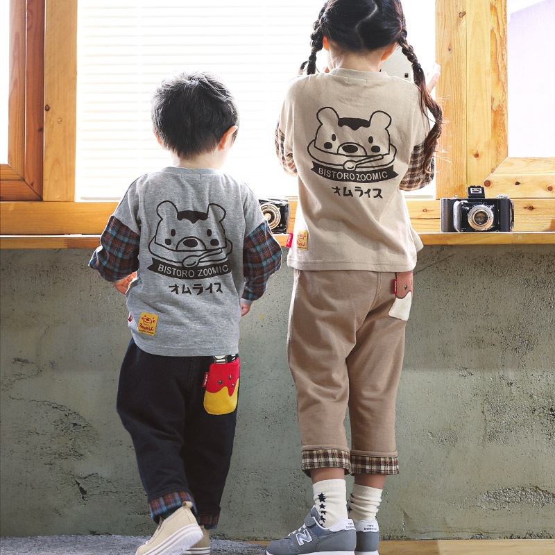 キッズ ロンT 長袖 Tシャツ 袖切替 チェック 袖リブ 動物 アニマル くま パンダ 男の子 女の子 (80-130cm)【 ZOOMIC ズーミック 】 ベビー カットソー 天竺 肩ボタン オムライス カレーライス エビフライ たまご ウインナー 食べ物 80cm 90cm 95cm 100cm 110cm 120cm 130cm