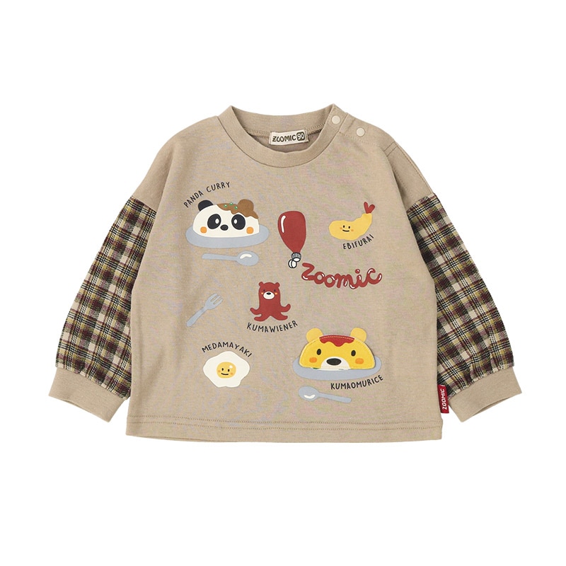 キッズ ロンT 長袖 Tシャツ 袖切替 チェック 袖リブ 動物 アニマル くま パンダ 男の子 女の子 (80-130cm)【 ZOOMIC ズーミック 】 ベビー カットソー 天竺 肩ボタン オムライス カレーライス エビフライ たまご ウインナー 食べ物 80cm 90cm 95cm 100cm 110cm 120cm 130cm