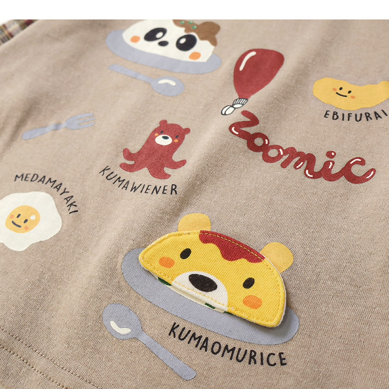 キッズ ロンT 長袖 Tシャツ 袖切替 チェック 袖リブ 動物 アニマル くま パンダ 男の子 女の子 (80-130cm)【 ZOOMIC ズーミック 】 ベビー カットソー 天竺 肩ボタン オムライス カレーライス エビフライ たまご ウインナー 食べ物 80cm 90cm 95cm 100cm 110cm 120cm 130cm