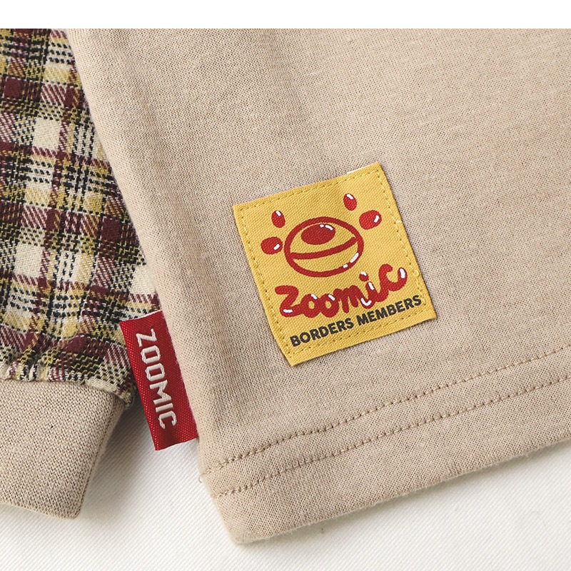 キッズ ロンT 長袖 Tシャツ 袖切替 チェック 袖リブ 動物 アニマル くま パンダ 男の子 女の子 (80-130cm)【 ZOOMIC ズーミック 】 ベビー カットソー 天竺 肩ボタン オムライス カレーライス エビフライ たまご ウインナー 食べ物 80cm 90cm 95cm 100cm 110cm 120cm 130cm