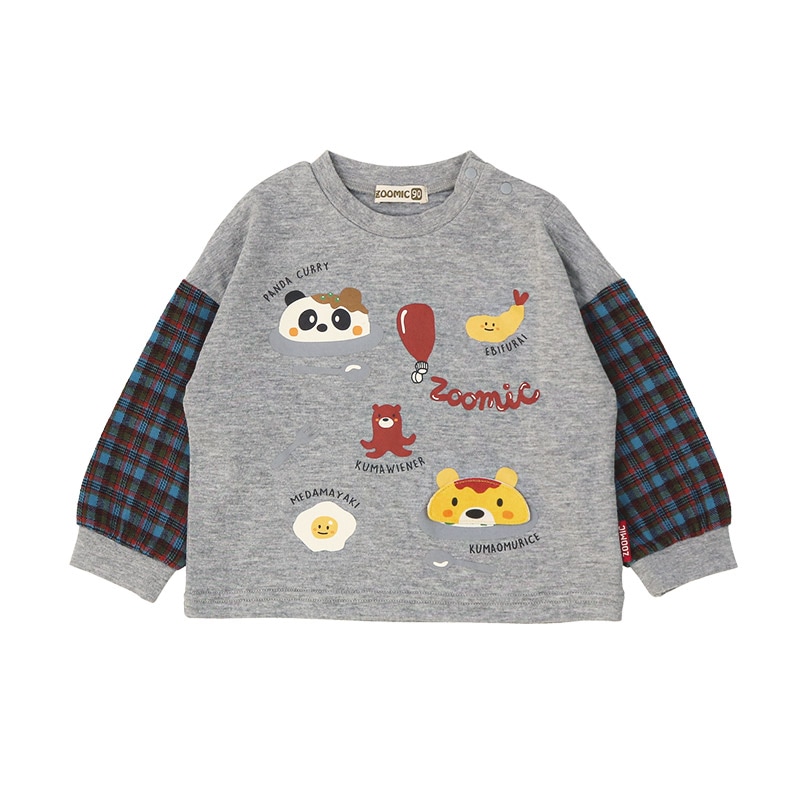 キッズ ロンT 長袖 Tシャツ 袖切替 チェック 袖リブ 動物 アニマル くま パンダ 男の子 女の子 (80-130cm)【 ZOOMIC ズーミック 】 ベビー カットソー 天竺 肩ボタン オムライス カレーライス エビフライ たまご ウインナー 食べ物 80cm 90cm 95cm 100cm 110cm 120cm 130cm