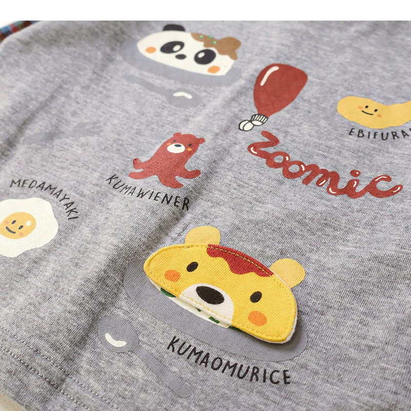キッズ ロンT 長袖 Tシャツ 袖切替 チェック 袖リブ 動物 アニマル くま パンダ 男の子 女の子 (80-130cm)【 ZOOMIC ズーミック 】 ベビー カットソー 天竺 肩ボタン オムライス カレーライス エビフライ たまご ウインナー 食べ物 80cm 90cm 95cm 100cm 110cm 120cm 130cm