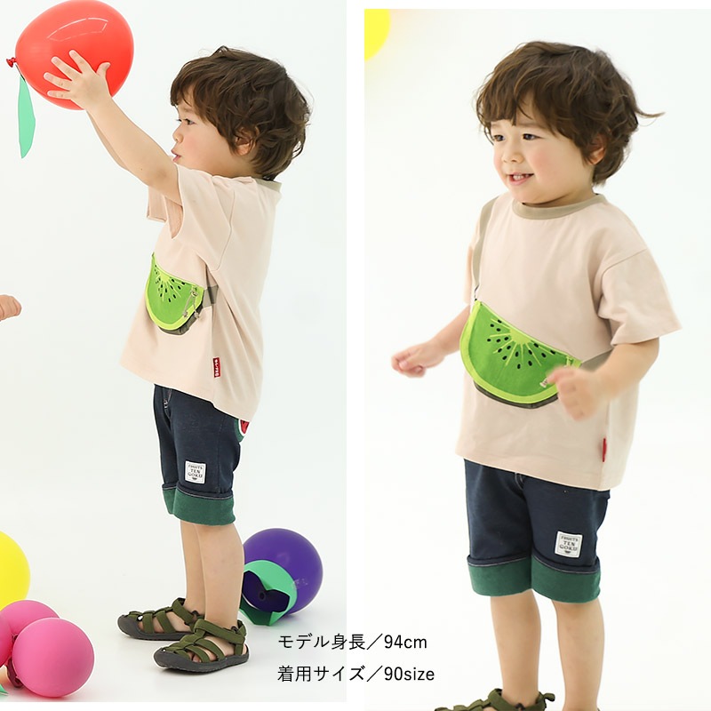 キッズ 5分丈パンツ ハーフパンツ ニットデニム 男の子 女の子 くだもの スイカ キウイ 【フルーツ天国】 ベビー ズボン ボトムス ショートパンツ ウエストゴム 折り返し バックポケット 果物 すいか 西瓜 ネイビー ベージュ 男児 女児 80 90 95 100 110 120 130