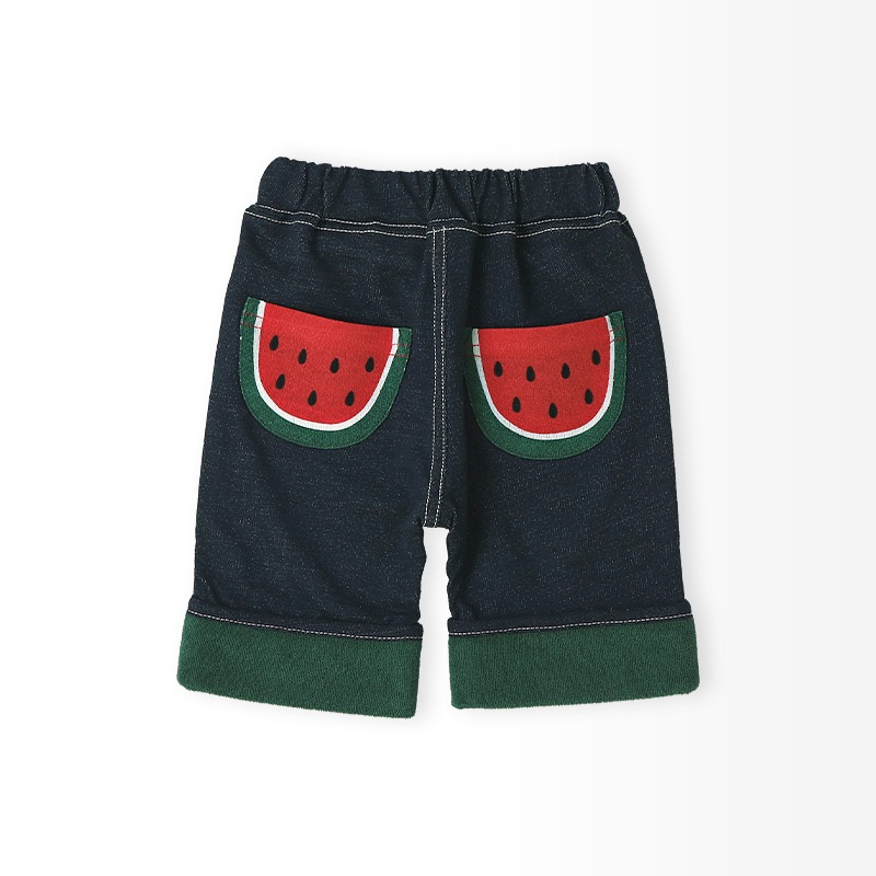 キッズ 5分丈パンツ ハーフパンツ ニットデニム 男の子 女の子 くだもの スイカ キウイ 【フルーツ天国】 ベビー ズボン ボトムス ショートパンツ ウエストゴム 折り返し バックポケット 果物 すいか 西瓜 ネイビー ベージュ 男児 女児 80 90 95 100 110 120 130