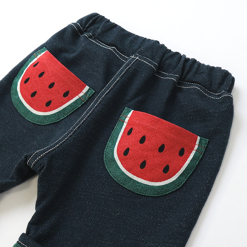 キッズ 5分丈パンツ ハーフパンツ ニットデニム 男の子 女の子 くだもの スイカ キウイ 【フルーツ天国】 ベビー ズボン ボトムス ショートパンツ ウエストゴム 折り返し バックポケット 果物 すいか 西瓜 ネイビー ベージュ 男児 女児 80 90 95 100 110 120 130