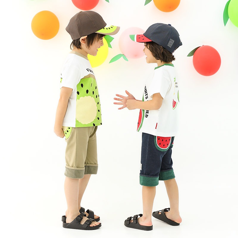 キッズ 5分丈パンツ ハーフパンツ ニットデニム 男の子 女の子 くだもの スイカ キウイ 【フルーツ天国】 ベビー ズボン ボトムス ショートパンツ ウエストゴム 折り返し バックポケット 果物 すいか 西瓜 ネイビー ベージュ 男児 女児 80 90 95 100 110 120 130