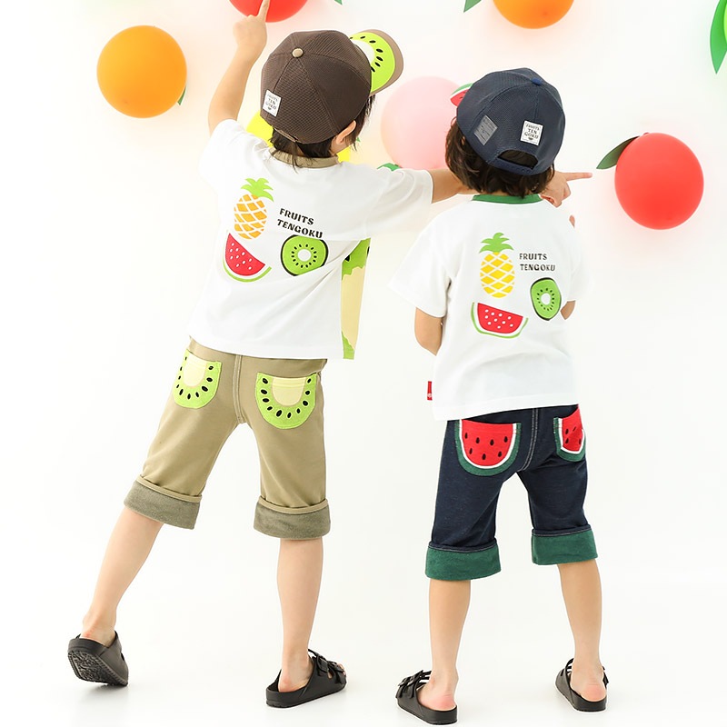 キッズ 5分丈パンツ ハーフパンツ ニットデニム 男の子 女の子 くだもの スイカ キウイ 【フルーツ天国】 ベビー ズボン ボトムス ショートパンツ ウエストゴム 折り返し バックポケット 果物 すいか 西瓜 ネイビー ベージュ 男児 女児 80 90 95 100 110 120 130