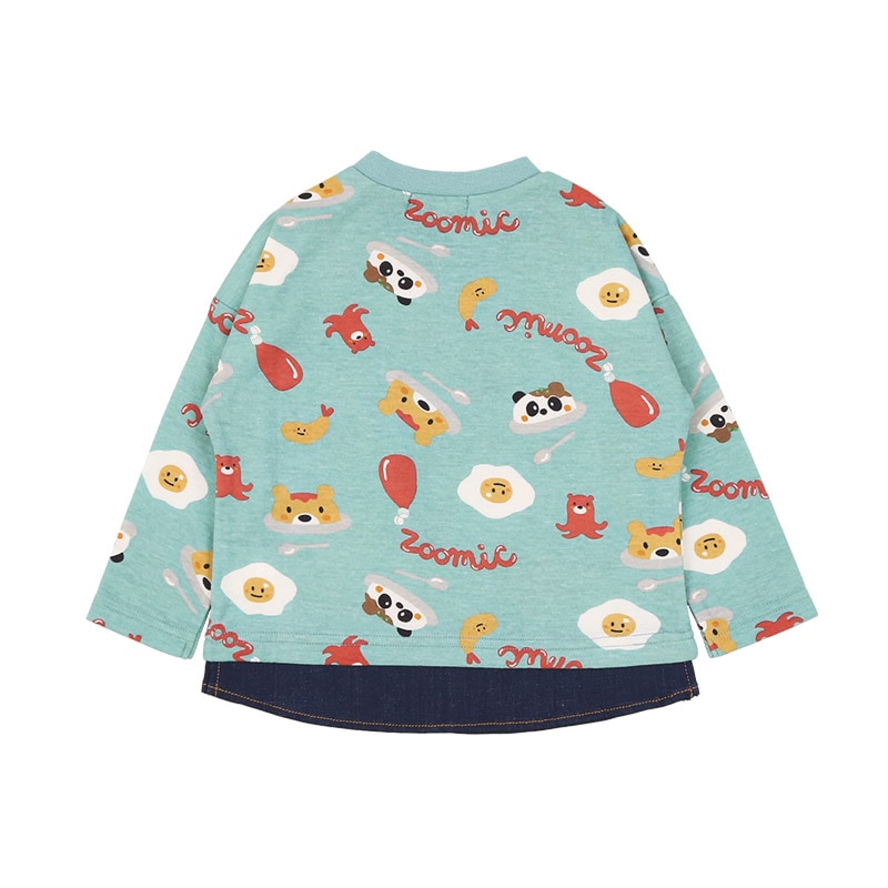 キッズ ロンT 長袖 Tシャツ 胸ポケット 総柄 デニム 重ね着風 レイヤード 動物 アニマル くま パンダ 男の子 女の子 (80-130cm)【 ZOOMIC ズーミック 】 ベビー カットソー デザイン 天竺 肩ボタン オムライス カレーライス 食べ物 80cm 90cm 95cm 100cm 110cm 120cm 130cm