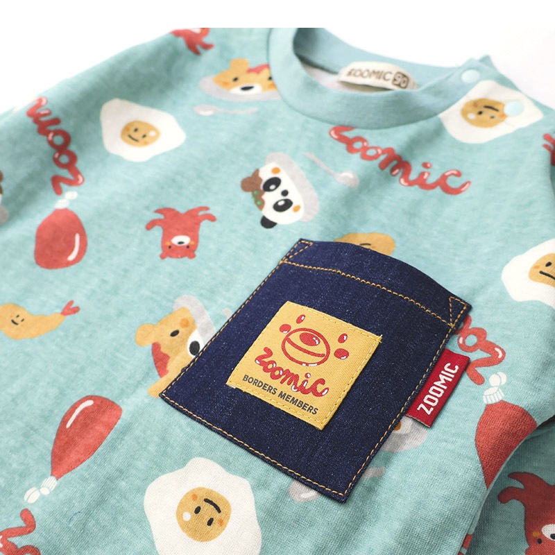 キッズ ロンT 長袖 Tシャツ 胸ポケット 総柄 デニム 重ね着風