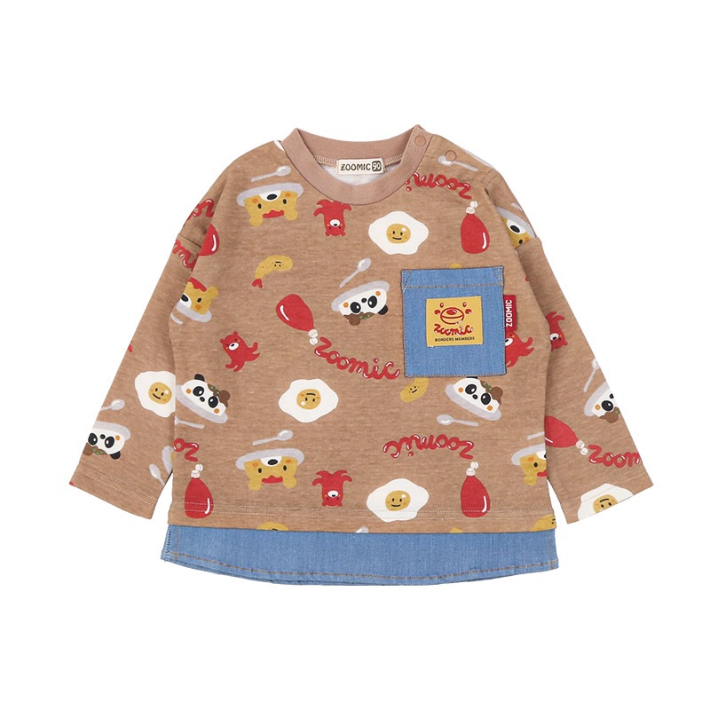 キッズ ロンT 長袖 Tシャツ 胸ポケット 総柄 デニム 重ね着風