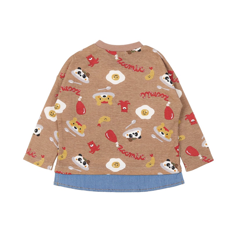 キッズ ロンT 長袖 Tシャツ 胸ポケット 総柄 デニム 重ね着風 レイヤード 動物 アニマル くま パンダ 男の子 女の子 (80-130cm)【 ZOOMIC ズーミック 】 ベビー カットソー デザイン 天竺 肩ボタン オムライス カレーライス 食べ物 80cm 90cm 95cm 100cm 110cm 120cm 130cm