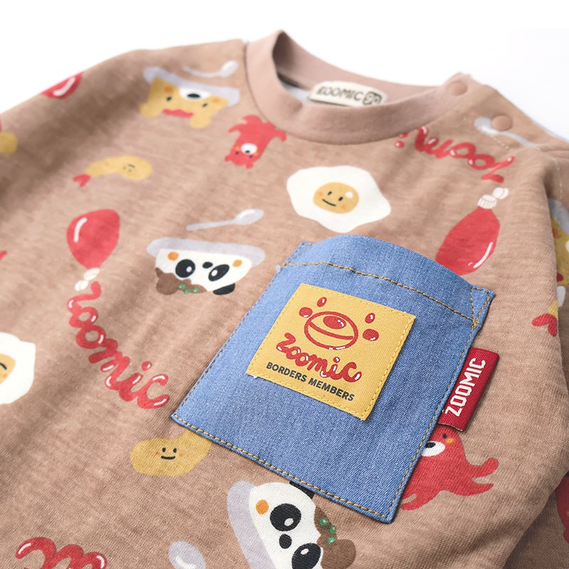 キッズ ロンT 長袖 Tシャツ 胸ポケット 総柄 デニム 重ね着風