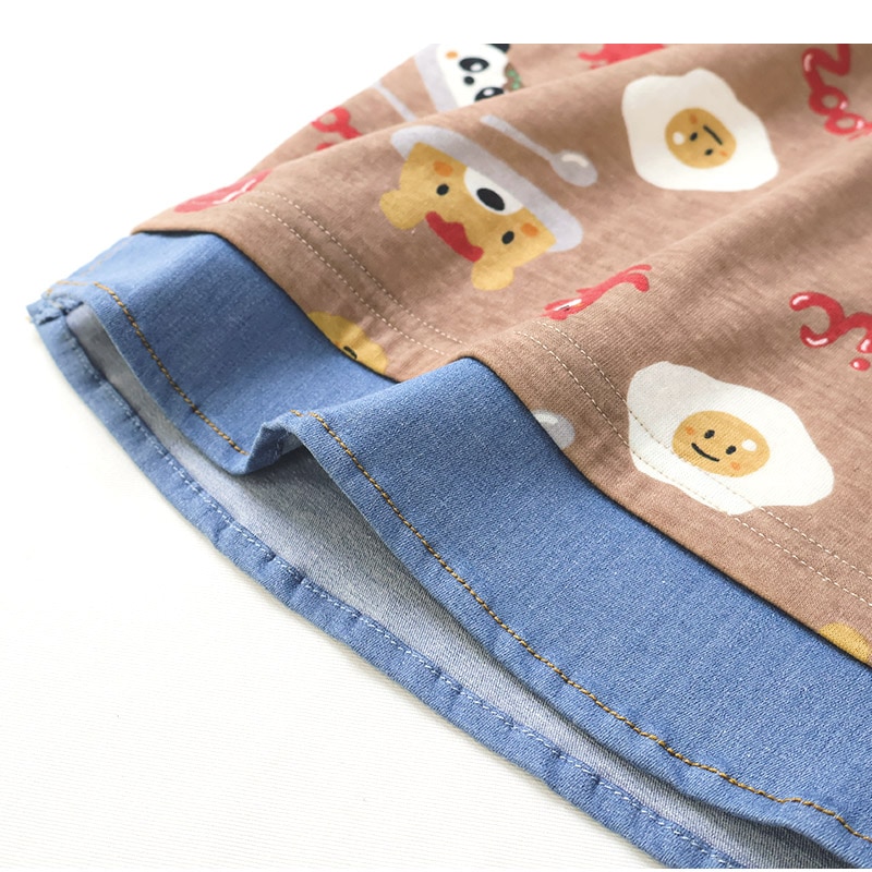 キッズ ロンT 長袖 Tシャツ 胸ポケット 総柄 デニム 重ね着風 レイヤード 動物 アニマル くま パンダ 男の子 女の子 (80-130cm)【 ZOOMIC ズーミック 】 ベビー カットソー デザイン 天竺 肩ボタン オムライス カレーライス 食べ物 80cm 90cm 95cm 100cm 110cm 120cm 130cm