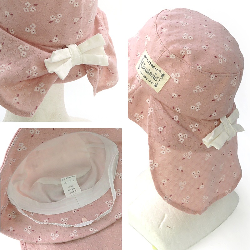 帽子 キッズ 女の子 子供 幼児 日焼け防止 ハット UV対策 子供帽子 2way 日除けリボン レースハット【 UZULAND ウズランド 】 サンハット UVカット 花 イチゴ リボン かわいい ピンク アイボリー バケットハット キャップ 熱中症対策