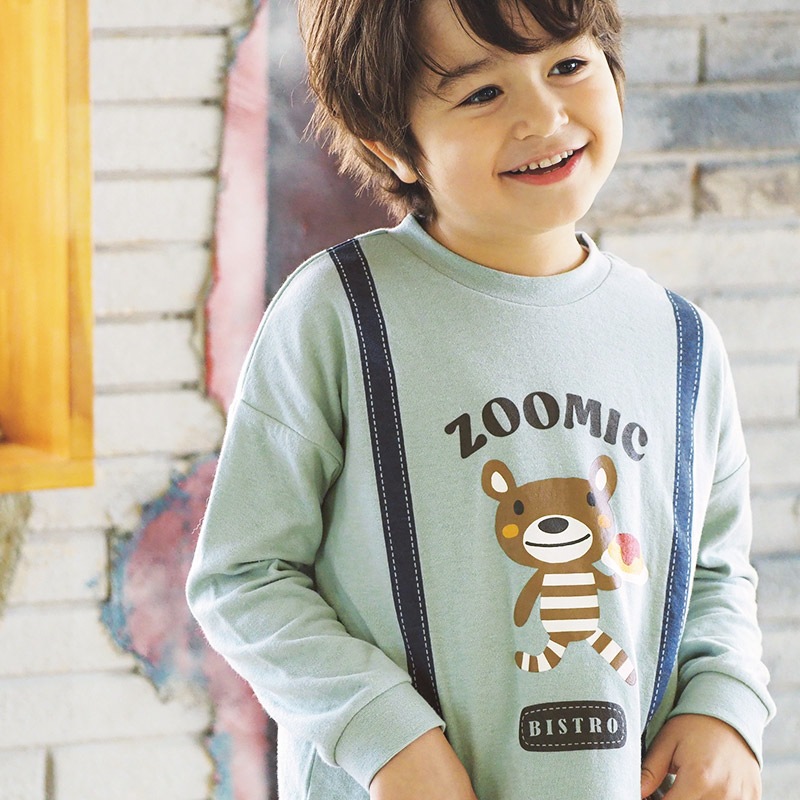 キッズ ロンT 長袖 Tシャツ サスペンダー 袖リブ アニマル くま パンダ 男の子 女の子 ( 80-130cm )【 ZOOMIC ズーミック 】 ベビー カットソー バック デザイン 天竺 肩ボタン オムライス カレーライス 食べ物 ごはん キャラクター 80cm 90cm 95cm 100cm 110cm 120cm 130cm
