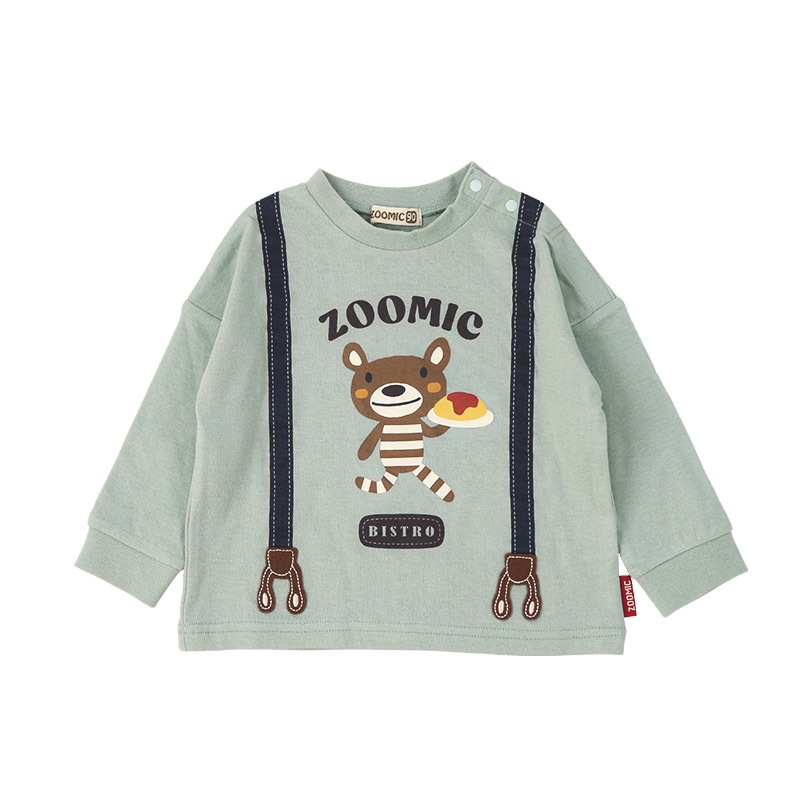 キッズ ロンT 長袖 Tシャツ サスペンダー 袖リブ アニマル くま パンダ 男の子 女の子 ( 80-130cm )【 ZOOMIC ズーミック 】 ベビー カットソー バック デザイン 天竺 肩ボタン オムライス カレーライス 食べ物 ごはん キャラクター 80cm 90cm 95cm 100cm 110cm 120cm 130cm