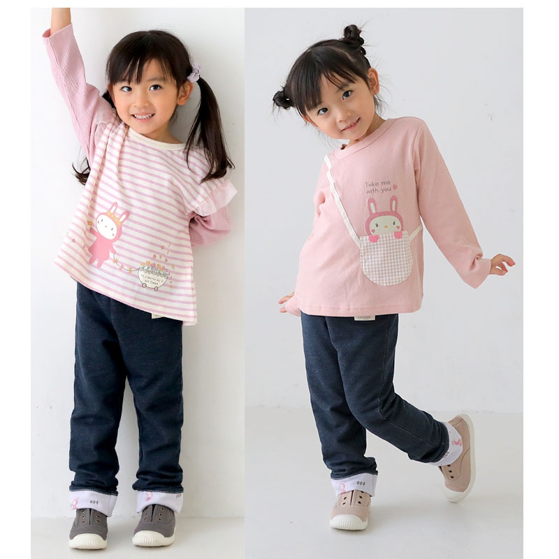 子供服 ボトムス うさぎ 折り曲げ 長パンツ 10分丈 ロングパンツ ( 80-130cm )【 UZURABBIT ウズラビット 】 キッズ ベビー 女の子 かわいい おしゃれ アニマル 動物 ポケット デニム風 通園 通学 春 80 90 95 100 110 120 130 ウサギ 